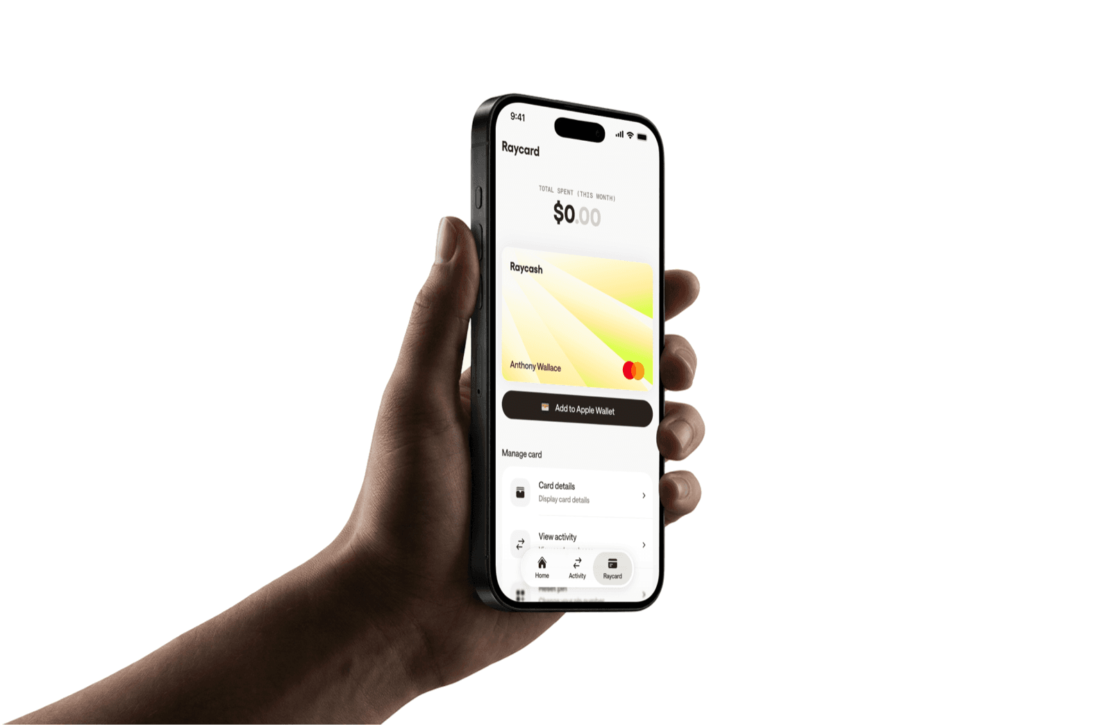 A hand holding a phone showing the Raycard screen